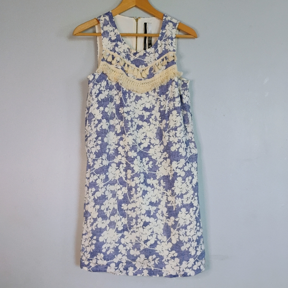 Kensie Layered Orchids White Blue Fringed Sleeveless Sheath Mini Dress Coastal S